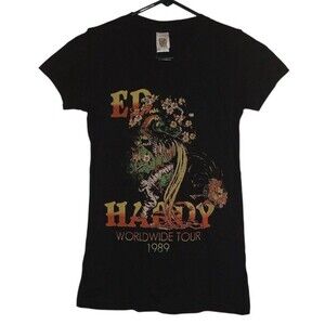 Ed Hardy Girl's Size Medium Tunic Tee "Worldwide Tour 1989" Black Retro NWT